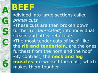 A
G
S
C
6
BEEF
divided into large sections called
primal cuts
These cuts are then broken down
further (or fabricated) into individual
steaks and other retail cuts
The most tender cuts of beef, like
the rib and tenderloin, are the ones
furthest from the horn and the hoof
By contrast, the neck and leg
muscles are worked the most, which
makes them tougher
 