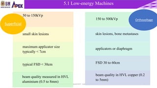 Part 5, lecture 2: Equipment - superficial, telecurie 12
5.1 Superficial / Orthovoltage equipment
50 to 150kVp
small skin lesions
maximum applicator size
typically < 7cm
typical FSD < 30cm
beam quality measured in HVL
aluminium (0.5 to 8mm)
Superficial
150 to 500kVp
applicators or diaphragm
skin lesions, bone metastases
FSD 30 to 60cm
beam quality in HVL copper (0.2
to 5mm)
Orthovoltage
5.1 Low-energy Machines
 