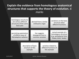 Explain the evidence from homologous anatomical
structures that supports the theory of evolution. 6
marks
homologous structures
are various different
structures of the same
basic plan
derived from a similar
embryonic origin
variations on the basic
structure allow
different functions
permitting exploitation
of differnt ways of
life/adaptive radiation
the suggests
divergence from a
common ancestor
named example of a
homologous structure
(e.g. pentadactyl limb,
flower, birds` beaks)
description of basic
structure of this
example
variation related to
different functions of
this example
 