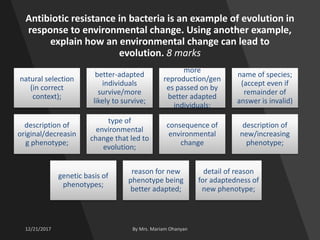Antibiotic resistance in bacteria is an example of evolution in
response to environmental change. Using another example,
explain how an environmental change can lead to
evolution. 8 marks
natural selection
(in correct
context);
better-adapted
individuals
survive/more
likely to survive;
more
reproduction/gen
es passed on by
better adapted
individuals;
name of species;
(accept even if
remainder of
answer is invalid)
description of
original/decreasin
g phenotype;
type of
environmental
change that led to
evolution;
consequence of
environmental
change
description of
new/increasing
phenotype;
genetic basis of
phenotypes;
reason for new
phenotype being
better adapted;
detail of reason
for adaptedness of
new phenotype;
 
