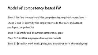 Model of competency based PM
Step 1: Define the work and the competencies required to perform it
Steps 2 and 3: Identify the employees to do the work and assess
employee competencies
Step 4: Identify and document competency gaps
Step 5: Prioritize employee development needs
Step 6: Establish work goals, plans, and standards with the employees
 
