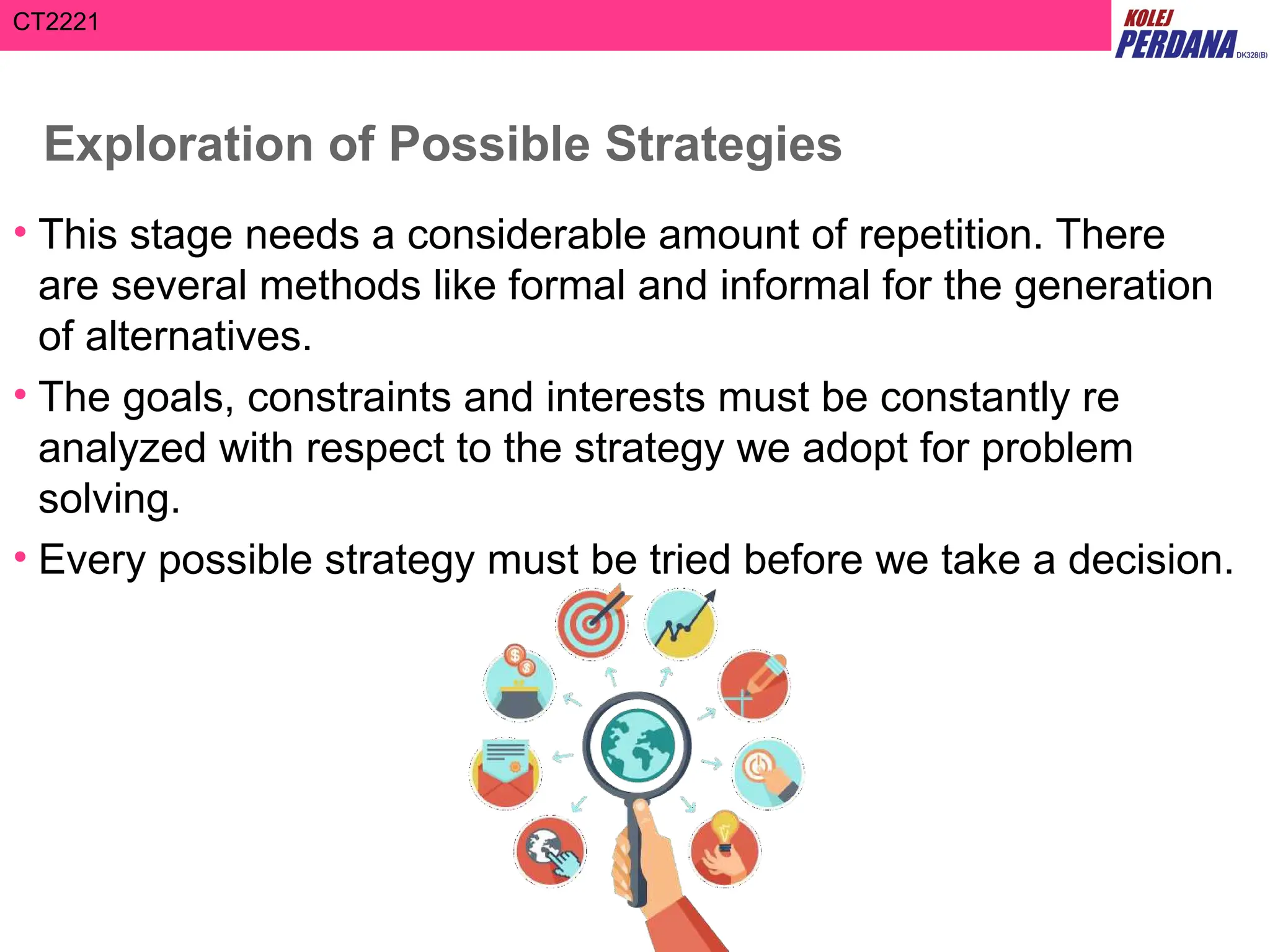 CT2221
Exploration of Possible Strategies
• This stage needs a considerable amount of repetition. There
are several methods like formal and informal for the generation
of alternatives.
• The goals, constraints and interests must be constantly re
analyzed with respect to the strategy we adopt for problem
solving.
• Every possible strategy must be tried before we take a decision.
 
