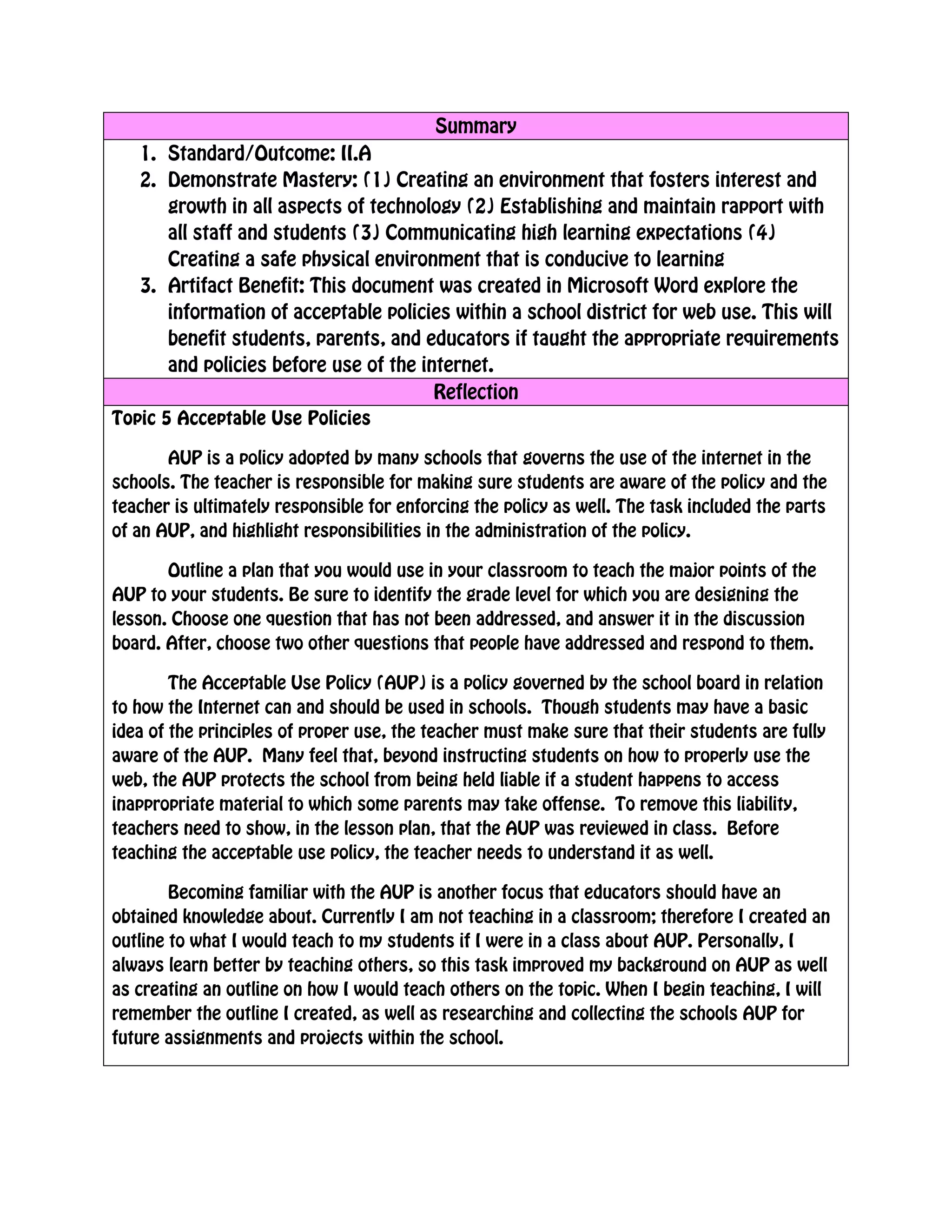 Summary
    1. Standard/Outcome: II.A
    2. Demonstrate Mastery: (1) Creating an environment that fosters interest and
       growth in all aspects of technology (2) Establishing and maintain rapport with
       all staff and students (3) Communicating high learning expectations (4)
       Creating a safe physical environment that is conducive to learning
    3. Artifact Benefit: This document was created in Microsoft Word explore the
       information of acceptable policies within a school district for web use. This will
       benefit students, parents, and educators if taught the appropriate requirements
       and policies before use of the internet.
                                        Reflection
Topic 5 Acceptable Use Policies

       AUP is a policy adopted by many schools that governs the use of the internet in the
schools. The teacher is responsible for making sure students are aware of the policy and the
teacher is ultimately responsible for enforcing the policy as well. The task included the parts
of an AUP, and highlight responsibilities in the administration of the policy.

       Outline a plan that you would use in your classroom to teach the major points of the
AUP to your students. Be sure to identify the grade level for which you are designing the
lesson. Choose one question that has not been addressed, and answer it in the discussion
board. After, choose two other questions that people have addressed and respond to them.

        The Acceptable Use Policy (AUP) is a policy governed by the school board in relation
to how the Internet can and should be used in schools. Though students may have a basic
idea of the principles of proper use, the teacher must make sure that their students are fully
aware of the AUP. Many feel that, beyond instructing students on how to properly use the
web, the AUP protects the school from being held liable if a student happens to access
inappropriate material to which some parents may take offense. To remove this liability,
teachers need to show, in the lesson plan, that the AUP was reviewed in class. Before
teaching the acceptable use policy, the teacher needs to understand it as well.

        Becoming familiar with the AUP is another focus that educators should have an
obtained knowledge about. Currently I am not teaching in a classroom; therefore I created an
outline to what I would teach to my students if I were in a class about AUP. Personally, I
always learn better by teaching others, so this task improved my background on AUP as well
as creating an outline on how I would teach others on the topic. When I begin teaching, I will
remember the outline I created, as well as researching and collecting the schools AUP for
future assignments and projects within the school.

 
 