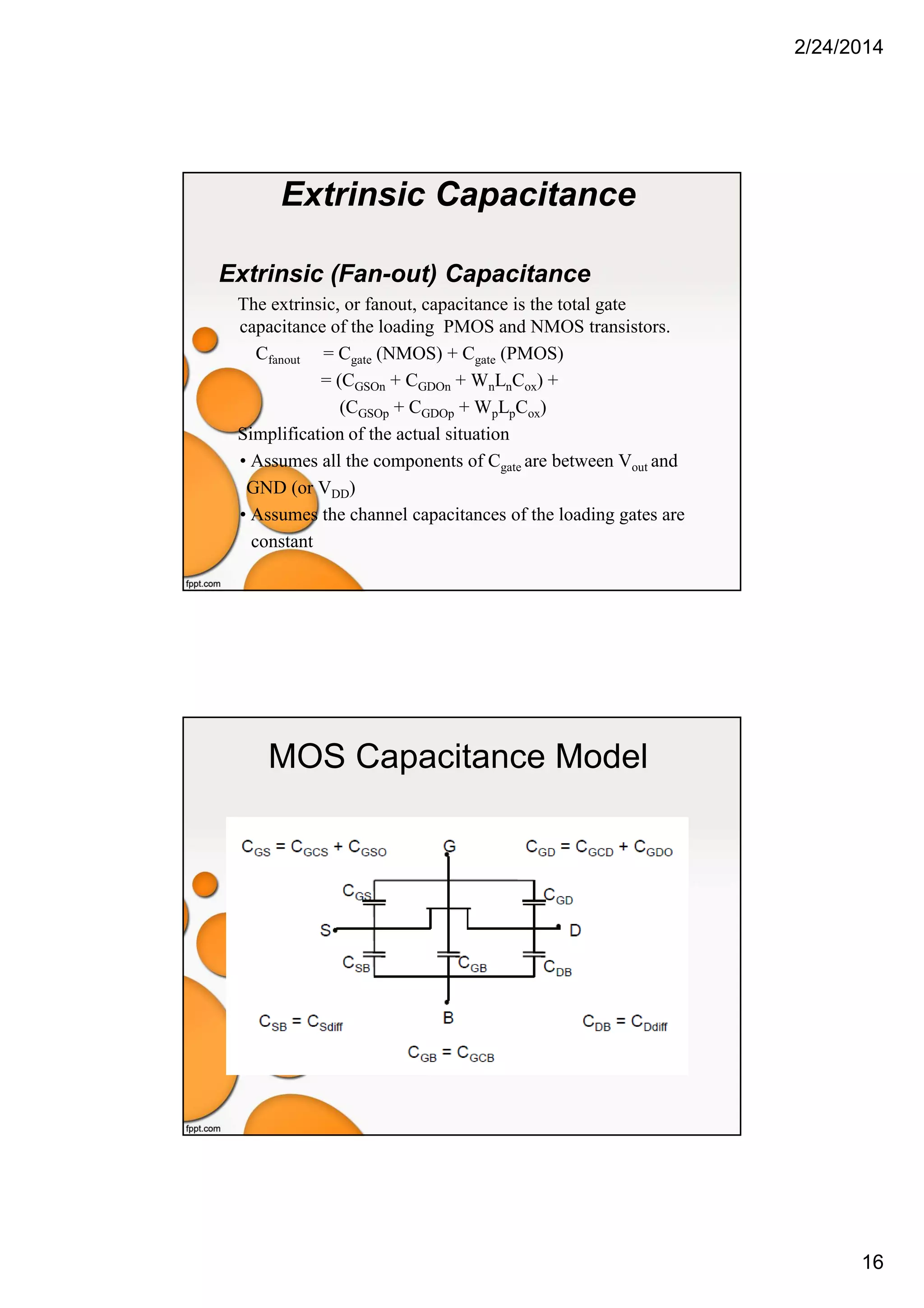 2/24/2014
16
Extrinsic Capacitance
Extrinsic (Fan-out) Capacitance
The extrinsic, or fanout, capacitance is the total gate
capacitance of the loading PMOS and NMOS transistors.
Cfanout = Cgate (NMOS) + Cgate (PMOS)
= (CGSOn + CGDOn + WnLnCox) +
(CGSOp + CGDOp + WpLpCox)
Simplification of the actual situation
• Assumes all the components of Cgate are between Vout and
GND (or VDD)
• Assumes the channel capacitances of the loading gates are
constant
MOS Capacitance Model
 