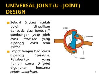 UNIVERSAL JOINT (U - JOINT)
DESIGN
◼ Sebuah U Joint mudah
boleh dihasilkan
daripada dua bentuk Y
sambungan yoke oleh
cross member yang
dipanggil cross atau
spider.
◼ Empat tangan bagi cross
dipanggil trunnions.
Rekabentuk yang
hampir sama U joint
digunakan bersama
socket wrench set. 8
 