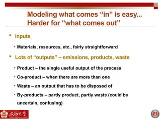 Modeling what comes “in” is easy...
Harder for “what comes out”
 Inputs
• Materials, resources, etc., fairly straightforward
 Lots of “outputs” – emissions, products, waste
• Product – the single useful output of the process
• Co-product – when there are more than one
• Waste – an output that has to be disposed of
• By-products – partly product, partly waste (could be
uncertain, confusing)
 