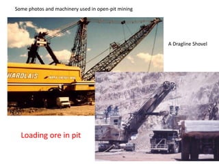 A Dragline Shovel
Loading ore in pit
Some photos and machinery used in open-pit mining
 