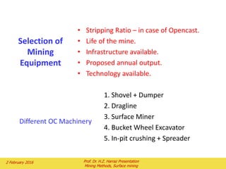 Selection of
Mining
Equipment
• Stripping Ratio – in case of Opencast.
• Life of the mine.
• Infrastructure available.
• Proposed annual output.
• Technology available.
1. Shovel + Dumper
2. Dragline
3. Surface Miner
4. Bucket Wheel Excavator
5. In-pit crushing + Spreader
Different OC Machinery
2 February 2016 Prof. Dr. H.Z. Harraz Presentation
Mining Methods, Surface mining
 