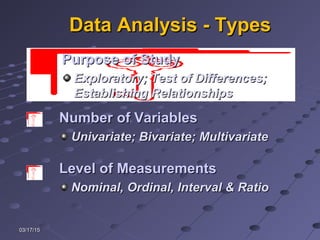 03/17/1503/17/15
Data Analysis - TypesData Analysis - Types
Number of VariablesNumber of Variables
Univariate; Bivariate; MultivariateUnivariate; Bivariate; Multivariate
Level of MeasurementsLevel of Measurements
Nominal, Ordinal, Interval & RatioNominal, Ordinal, Interval & Ratio
Purpose of StudyPurpose of Study
Exploratory; Test of Differences;Exploratory; Test of Differences;
Establishing RelationshipsEstablishing Relationships
 