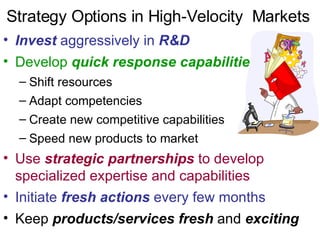 Strategy Options in High-Velocity  Markets  Invest  aggressively in  R&D Develop  quick response capabilities   Shift resources Adapt competencies Create new competitive capabilities Speed new products to market Use  strategic partnerships  to develop specialized expertise and capabilities Initiate  fresh actions  every few months Keep  products/services fresh  and  exciting 