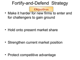 Fortify-and-Defend  Strategy Make it harder for new firms to enter and for challengers to gain ground Hold onto present market share Strengthen current market position Protect competitive advantage Objectives 