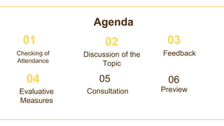 Agenda
Checking of
Attendance
Discussion of the
Topic
Consultation Preview
Evaluative
Measures
05
01 02 03
04
Feedback
06
 