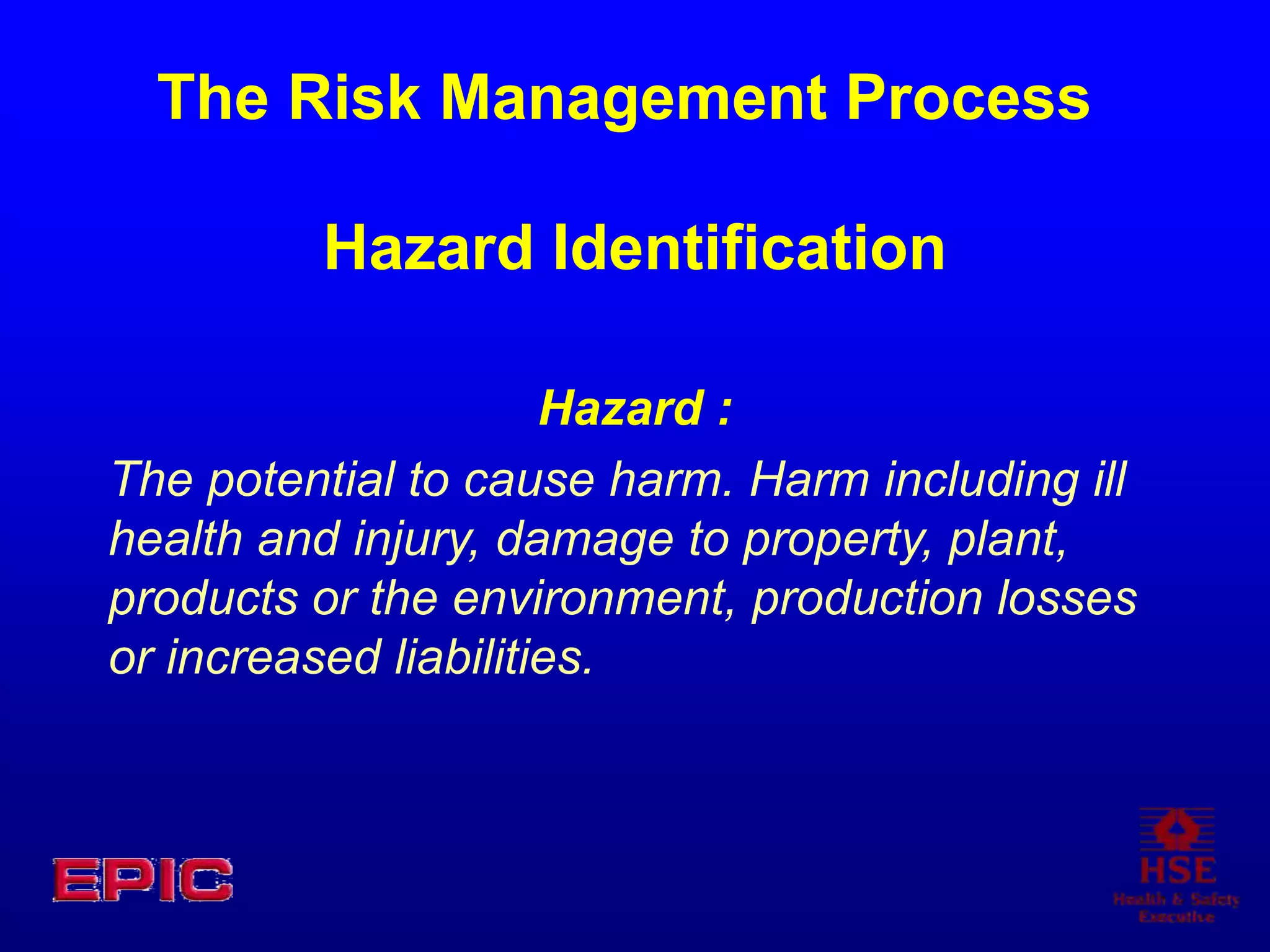 The Risk Management Process
Hazard Identification
Hazard :
The potential to cause harm. Harm including ill
health and injury, damage to property, plant,
products or the environment, production losses
or increased liabilities.
 