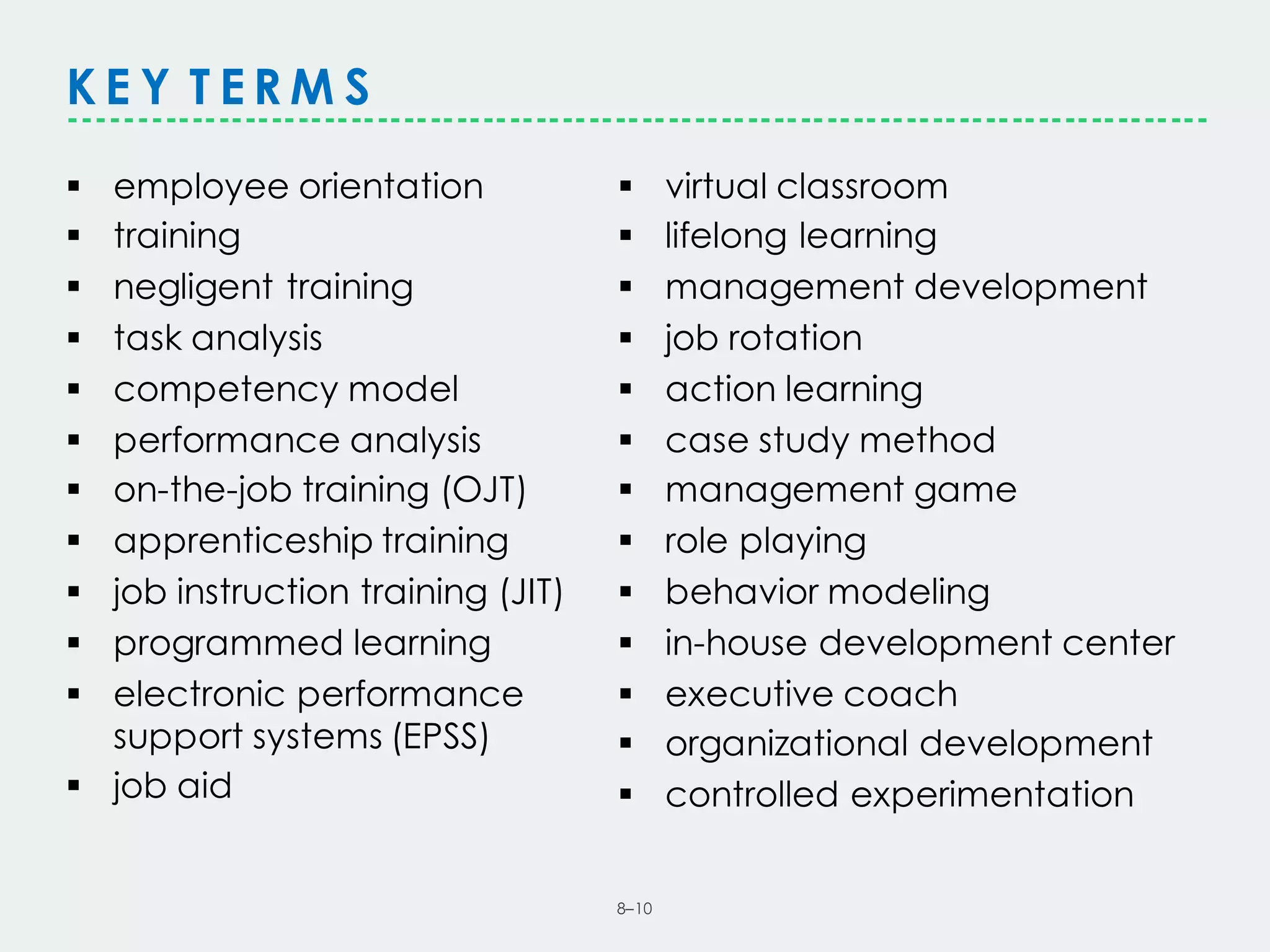 8–10
K E Y T E R M S
§ employee orientation
§ training
§ negligent training
§ task analysis
§ competency model
§ performance analysis
§ on-the-job training (OJT)
§ apprenticeship training
§ job instruction training (JIT)
§ programmed learning
§ electronic performance
support systems (EPSS)
§ job aid
§ virtual classroom
§ lifelong learning
§ management development
§ job rotation
§ action learning
§ case study method
§ management game
§ role playing
§ behavior modeling
§ in-house development center
§ executive coach
§ organizational development
§ controlled experimentation
--------------------------------------------------------------------------------------
 