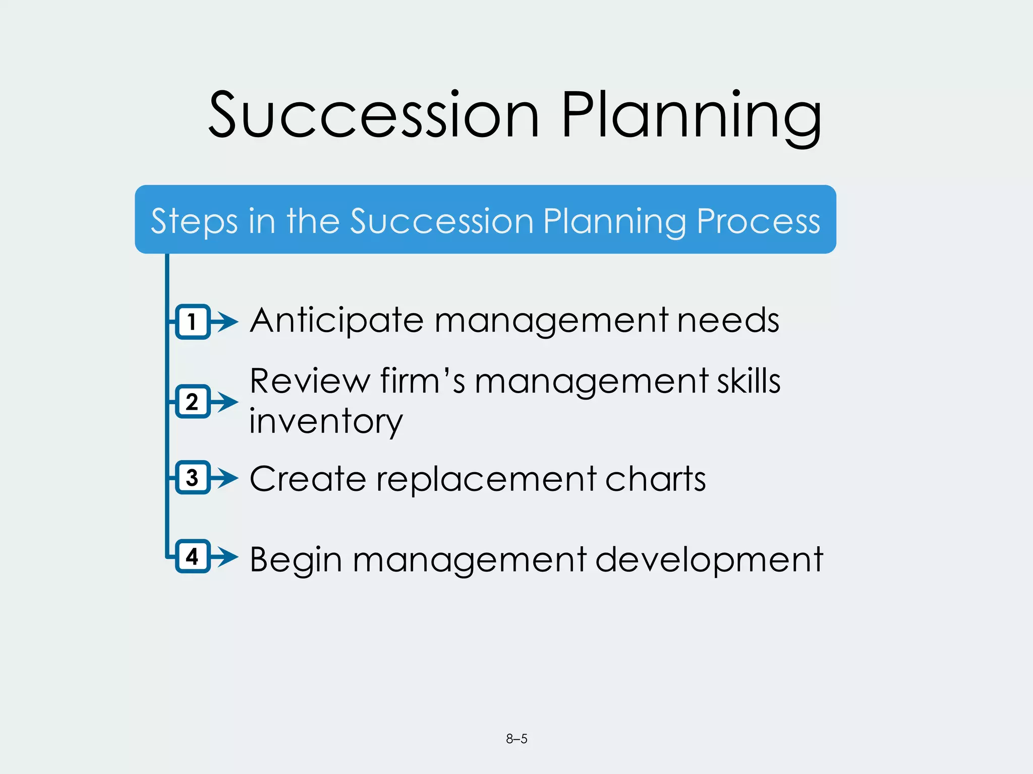8–5
Succession Planning
1
Begin management development
Review firm’s management skills
inventory
Steps in the Succession Planning Process
Anticipate management needs
Create replacement charts
2
3
4
 