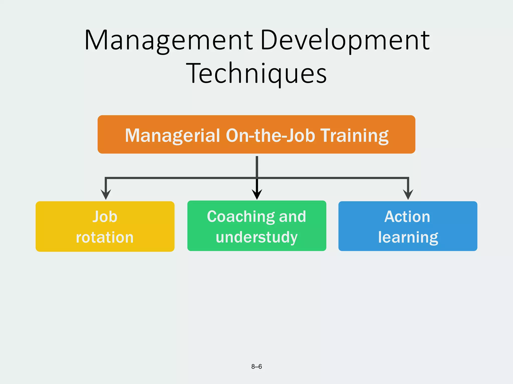 8–6
Management	
  Development	
  
Techniques
Job
rotation
Coaching and
understudy
Managerial On-the-Job Training
Action
learning
 