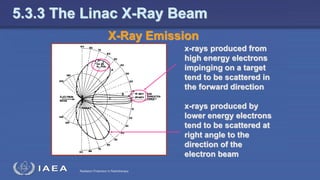 Radiation Protection in Radiotherapy
x-rays produced from
high energy electrons
impinging on a target
tend to be scattered in
the forward direction
x-rays produced by
lower energy electrons
tend to be scattered at
right angle to the
direction of the
electron beam
X-Ray Emission
5.3.3 The Linac X-Ray Beam
 