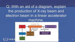 Radiation Protection in Radiotherapy Part 5, lecture 2: Equipment - superficial, telecurie 120
Q: With an aid of a diagram, explain
the production of X-ray beam and
electron beam in a linear accelerator
machine.
 