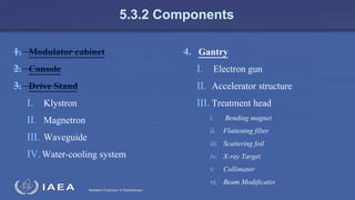 Radiation Protection in Radiotherapy
5.3.2 Components
1. Modulator cabinet
2. Console
3. Drive Stand
I. Klystron
II. Magnetron
III. Waveguide
IV.Water-cooling system
4. Gantry
I. Electron gun
II. Accelerator structure
III. Treatment head
i. Bending magnet
ii. Flattening filter
iii. Scattering foil
iv. X-ray Target
v. Collimator
vi. Beam Modificatio
 