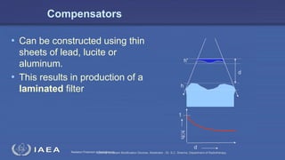 Radiation Protection in RadiotherapySeminar on Beam Modification Devices. Moderator : Dr. S.C. Sharma. Department of Radiotherapy.
Compensators
h'
h
d
d
h’/h
1
• Can be constructed using thin
sheets of lead, lucite or
aluminum.
• This results in production of a
laminated filter
 