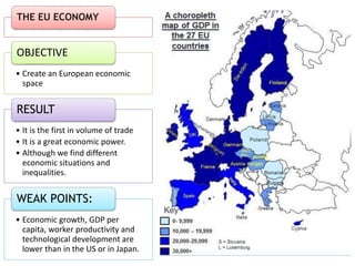 THE EU ECONOMY
• Create an European economic
space
OBJECTIVE
• It is the first in volume of trade
• It is a great economic power.
• Although we find different
economic situations and
inequalities.
RESULT
• Economic growth, GDP per
capita, worker productivity and
technological development are
lower than in the US or in Japan.
WEAK POINTS:
 