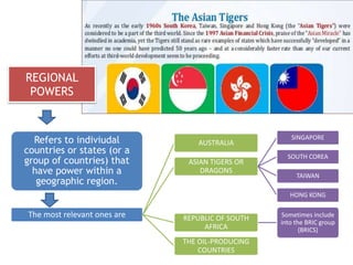 Refers to indiviudal
countries or states (or a
group of countries) that
have power within a
geographic region.
The most relevant ones are
AUSTRALIA
ASIAN TIGERS OR
DRAGONS
SINGAPORE
SOUTH COREA
TAIWAN
HONG KONG
REPUBLIC OF SOUTH
AFRICA
Sometimes include
into the BRIC group
(BRICS)
THE OIL-PRODUCING
COUNTRIES
REGIONAL
POWERS
 