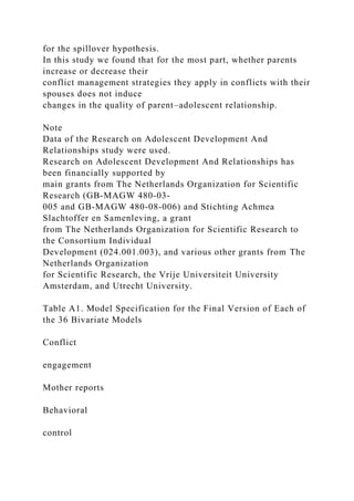 for the spillover hypothesis.
In this study we found that for the most part, whether parents
increase or decrease their
conflict management strategies they apply in conflicts with their
spouses does not induce
changes in the quality of parent–adolescent relationship.
Note
Data of the Research on Adolescent Development And
Relationships study were used.
Research on Adolescent Development And Relationships has
been financially supported by
main grants from The Netherlands Organization for Scientific
Research (GB‐MAGW 480‐03‐
005 and GB‐MAGW 480‐08‐006) and Stichting Achmea
Slachtoffer en Samenleving, a grant
from The Netherlands Organization for Scientific Research to
the Consortium Individual
Development (024.001.003), and various other grants from The
Netherlands Organization
for Scientific Research, the Vrije Universiteit University
Amsterdam, and Utrecht University.
Table A1. Model Specification for the Final Version of Each of
the 36 Bivariate Models
Conflict
engagement
Mother reports
Behavioral
control
 
