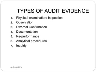 TYPES OF AUDIT EVIDENCE
AUD390 2014
1. Physical examination/ Inspection
2. Observation
3. External Confirmation
4. Documentation
5. Re-performance
6. Analytical procedures
7. Inquiriy
 