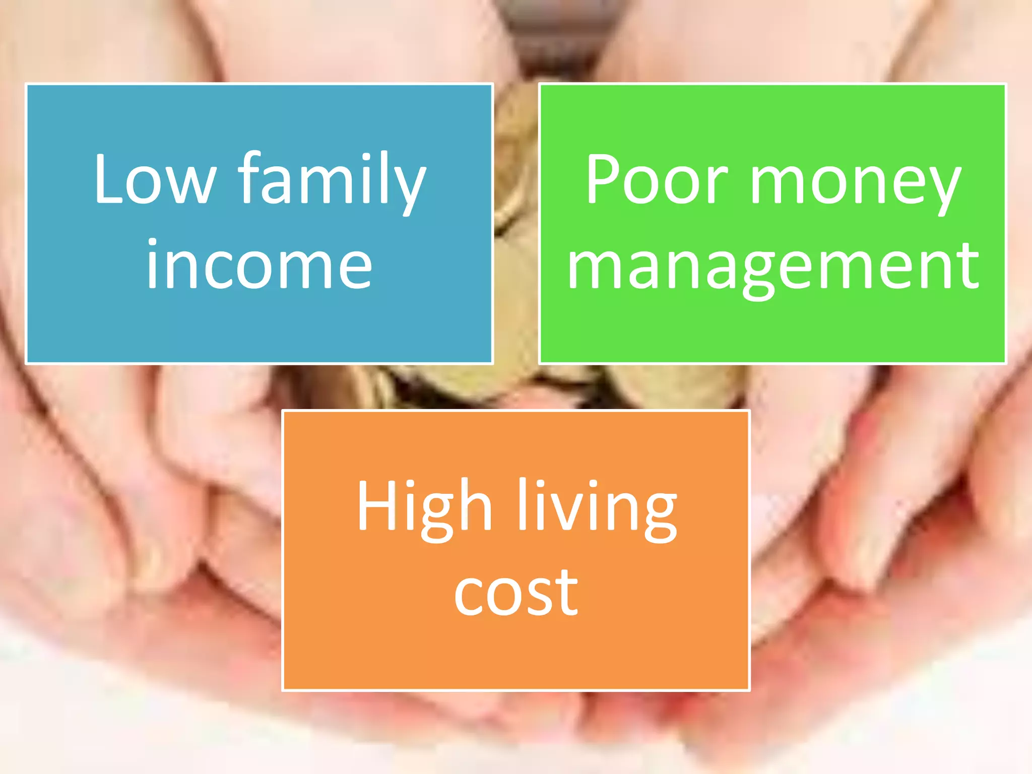 Low family
income
Poor money
management
High living
cost
 