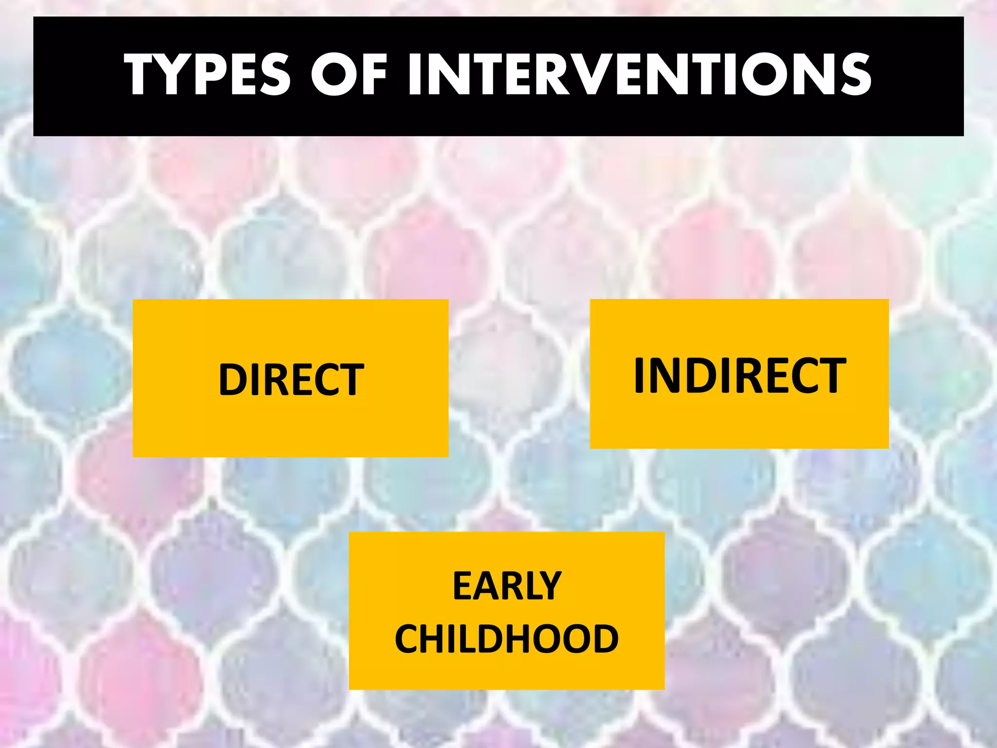 TYPES OF INTERVENTIONS
DIRECT INDIRECT
EARLY
CHILDHOOD
 
