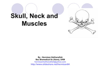 Skull, Neck and
   Muscles




            By : Hermizan Halihanafiah
          Bsc Biomedical Sc (Hons), UKM
         hermizanhalihanafiah@yahoo.com
      http://www.slideshare.net/hermizan84
 