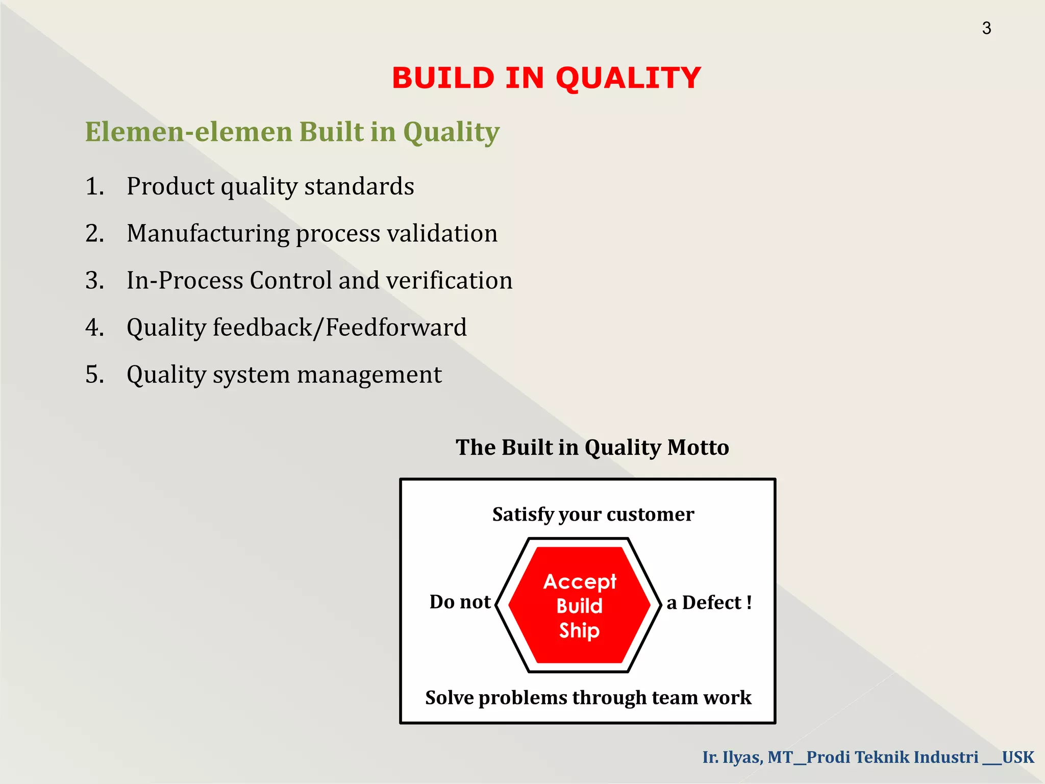 BUILD IN QUALITY
3
Accept
Build
Ship
Satisfy your customer
Do not a Defect !
Solve problems through team work
The Built in Quality Motto
Elemen-elemen Built in Quality
1. Product quality standards
2. Manufacturing process validation
3. In-Process Control and verification
4. Quality feedback/Feedforward
5. Quality system management
Ir. Ilyas, MT__Prodi Teknik Industri ___USK
 