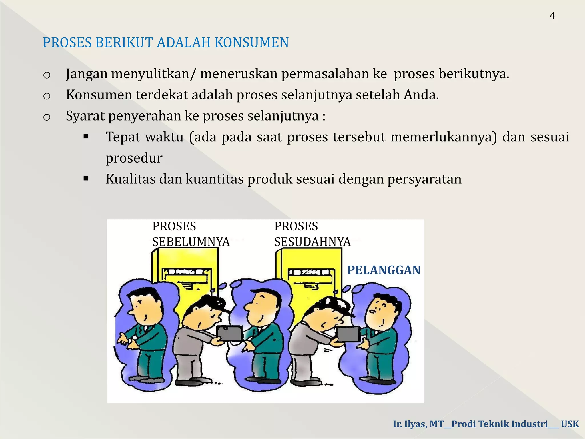 PROSES BERIKUT ADALAH KONSUMEN
o Jangan menyulitkan/ meneruskan permasalahan ke proses berikutnya.
o Konsumen terdekat adalah proses selanjutnya setelah Anda.
o Syarat penyerahan ke proses selanjutnya :
 Tepat waktu (ada pada saat proses tersebut memerlukannya) dan sesuai
prosedur
 Kualitas dan kuantitas produk sesuai dengan persyaratan
4
PROSES
SEBELUMNYA
PROSES
SESUDAHNYA
PELANGGAN
Ir. Ilyas, MT__Prodi Teknik Industri___ USK
 