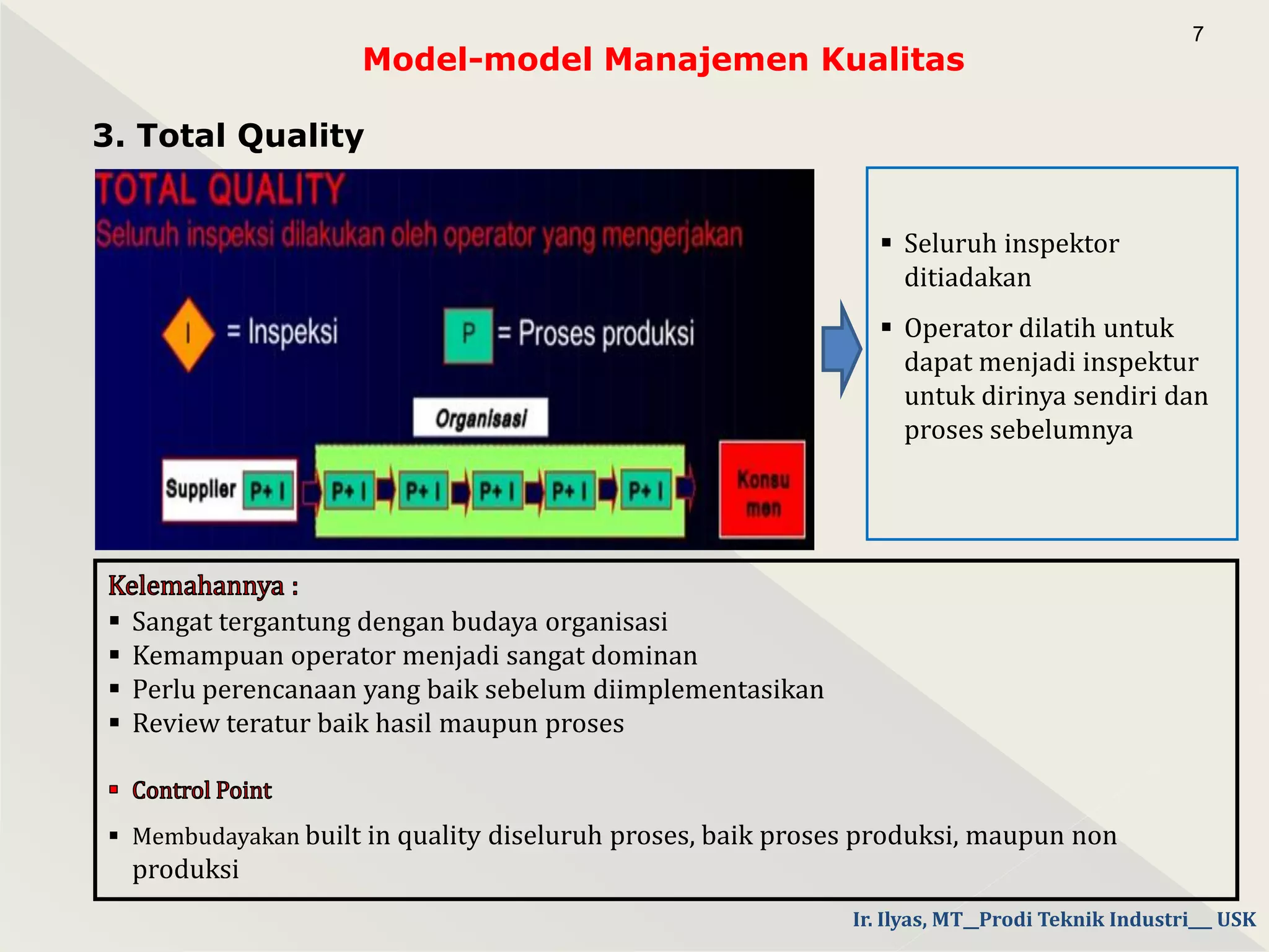 Model-model Manajemen Kualitas
3. Total Quality
7
 Seluruh inspektor
ditiadakan
 Operator dilatih untuk
dapat menjadi inspektur
untuk dirinya sendiri dan
proses sebelumnya
 Sangat tergantung dengan budaya organisasi
 Kemampuan operator menjadi sangat dominan
 Perlu perencanaan yang baik sebelum diimplementasikan
 Review teratur baik hasil maupun proses
 Membudayakan built in quality diseluruh proses, baik proses produksi, maupun non
produksi
Ir. Ilyas, MT__Prodi Teknik Industri___ USK
 