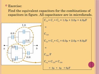  Exercise:
Find the equivalent capacitors for the combinations of
capacitors in figure. All capacitance are in microfarads.
C12 = C1 + C2 = 1.0µ + 3.0µ = 4.0µF
=
C123
C45 = C4 + C5 = 6.0µ + 2.0µ = 8.0µF
=
C456 F
Ceq = C123+ C456
= 2µ + 4µ = 6µF
 