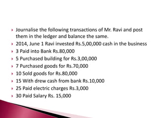  Journalise the following transactions of Mr. Ravi and post
them in the ledger and balance the same.
 2014, June 1 Ravi invested Rs.5,00,000 cash in the business
 3 Paid into Bank Rs.80,000
 5 Purchased building for Rs.3,00,000
 7 Purchased goods for Rs.70,000
 10 Sold goods for Rs.80,000
 15 With drew cash from bank Rs.10,000
 25 Paid electric charges Rs.3,000
 30 Paid Salary Rs. 15,000
 