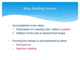  Accomplished in two steps:
1. Fabrication of a starting tube, called a parison
2. Inflation of the tube to desired final shape
 Forming the parison is accomplished by either
 Extrusion or
 Injection molding
Blow Molding Process
 