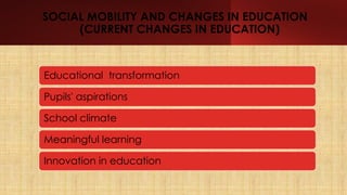 SOCIAL MOBILITY AND CHANGES IN EDUCATION
(CURRENT CHANGES IN EDUCATION)
Educational transformation
Pupils' aspirations
School climate
Meaningful learning
Innovation in education
 