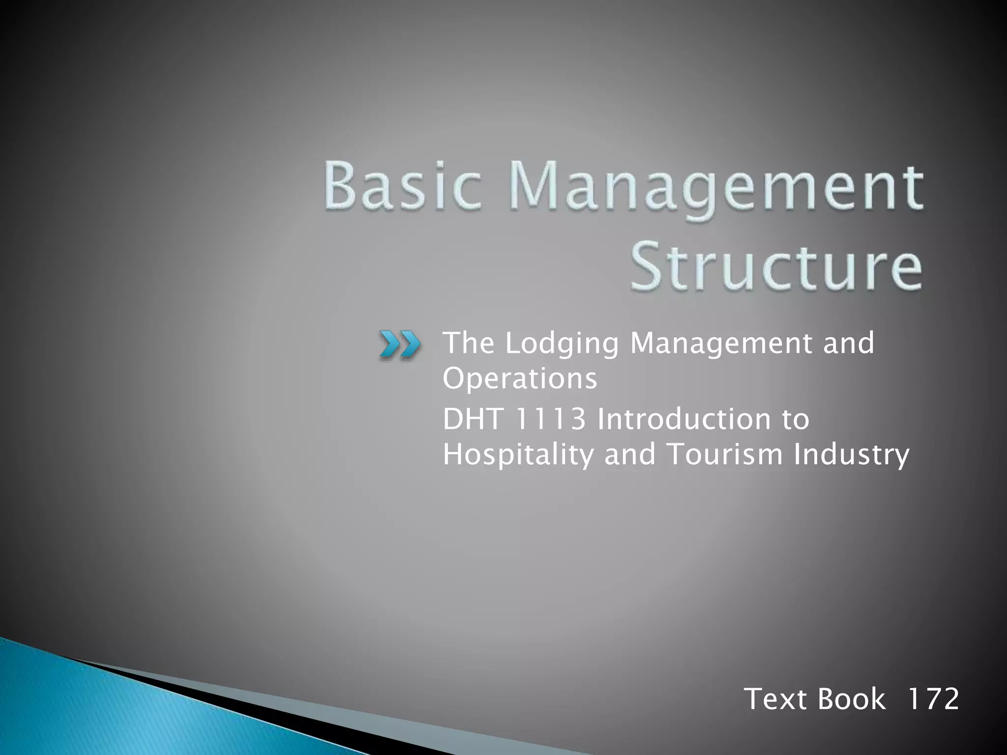 The Lodging Management and
Operations
DHT 1113 Introduction to
Hospitality and Tourism Industry
Text Book 172
 