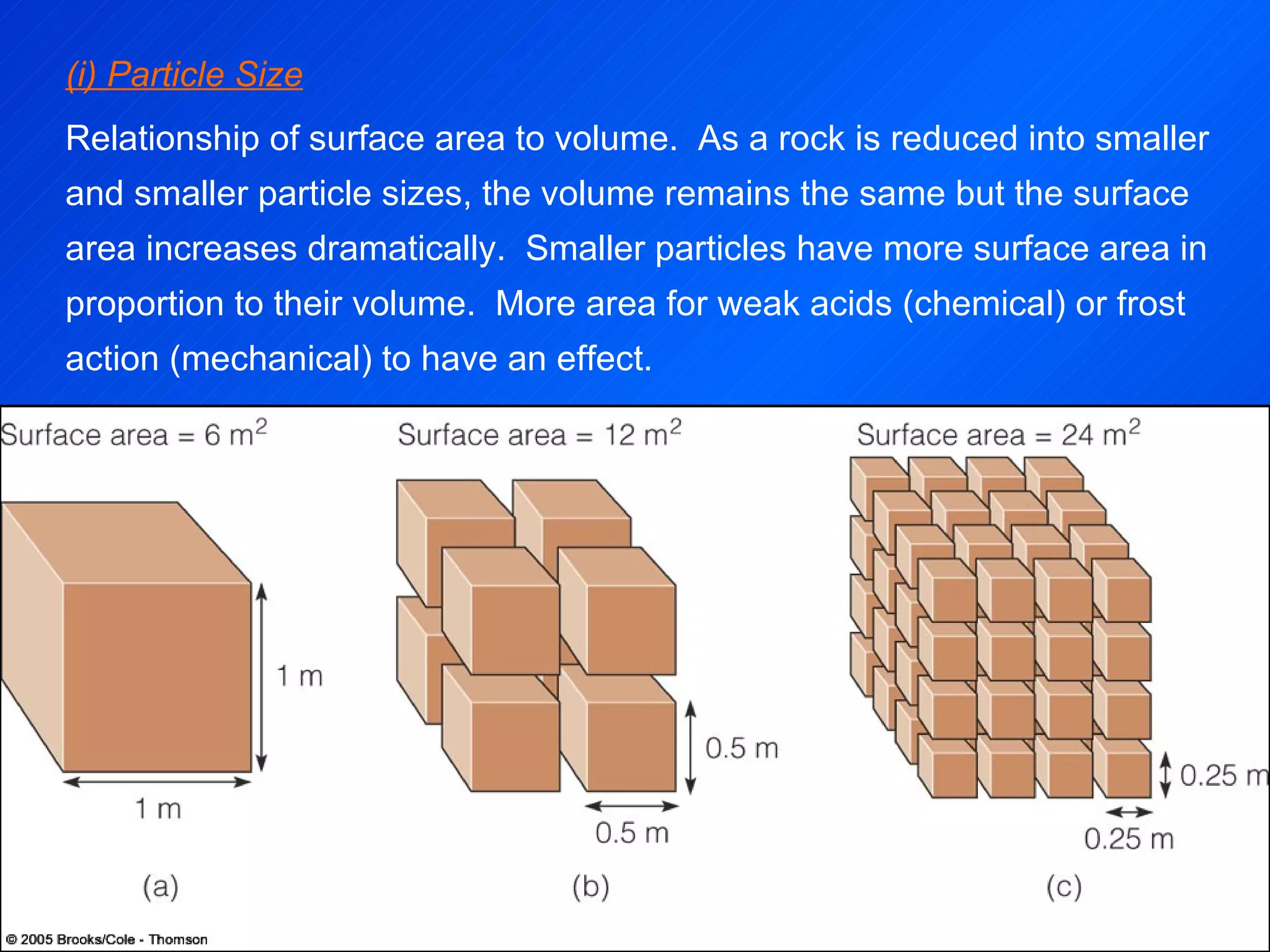 (i) Particle Size Relationship of surface area to volume.  As a rock is reduced into smaller and smaller particle sizes, the volume remains the same but the surface area increases dramatically.  Smaller particles have more surface area in proportion to their volume.  More area for weak acids (chemical) or frost action (mechanical) to have an effect. 