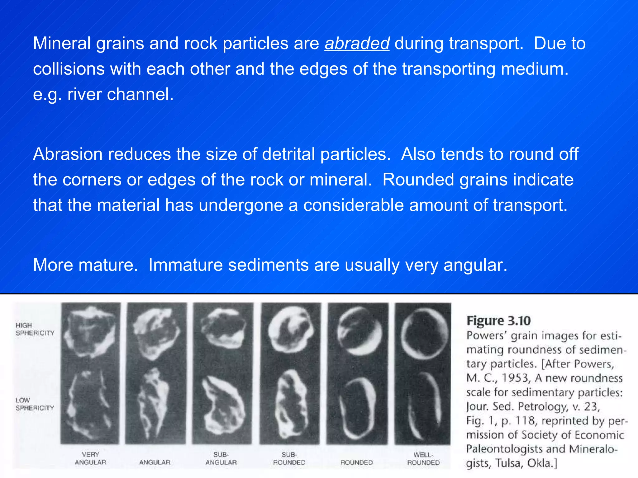 Mineral grains and rock particles are  abraded  during transport.  Due to collisions with each other and the edges of the transporting medium.   e.g. river channel. Abrasion reduces the size of detrital particles.  Also tends to round off the corners or edges of the rock or mineral.  Rounded grains indicate that the material has undergone a considerable amount of transport. More mature.  Immature sediments are usually very angular. 