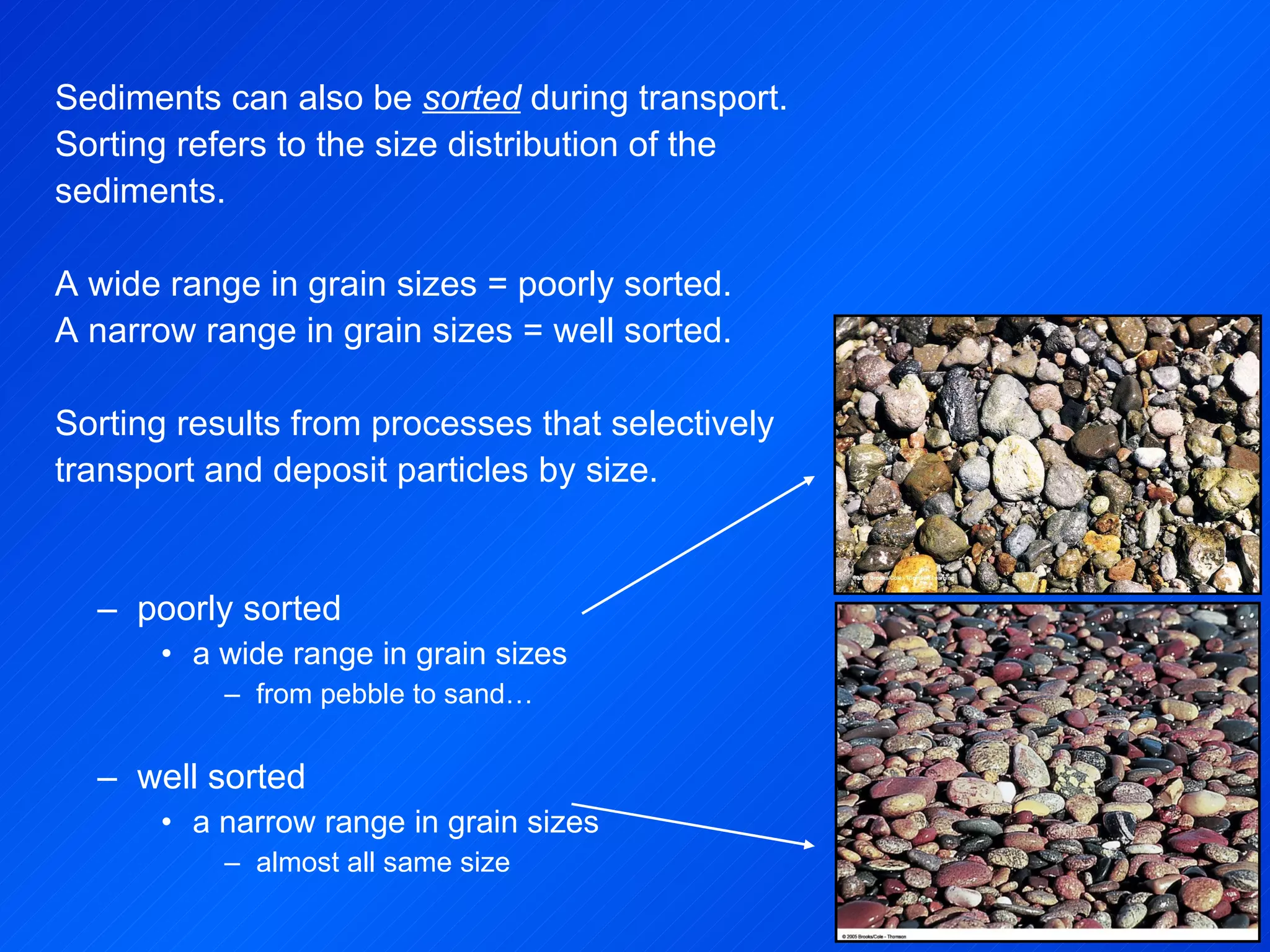 poorly sorted  a wide range in grain sizes from pebble to sand… well sorted a narrow range in grain sizes almost all same size Sediments can also be  sorted   during transport. Sorting refers to the size distribution of the sediments. A wide range in grain sizes = poorly sorted. A narrow range in grain sizes = well sorted. Sorting results from processes that selectively transport and deposit particles by size. 