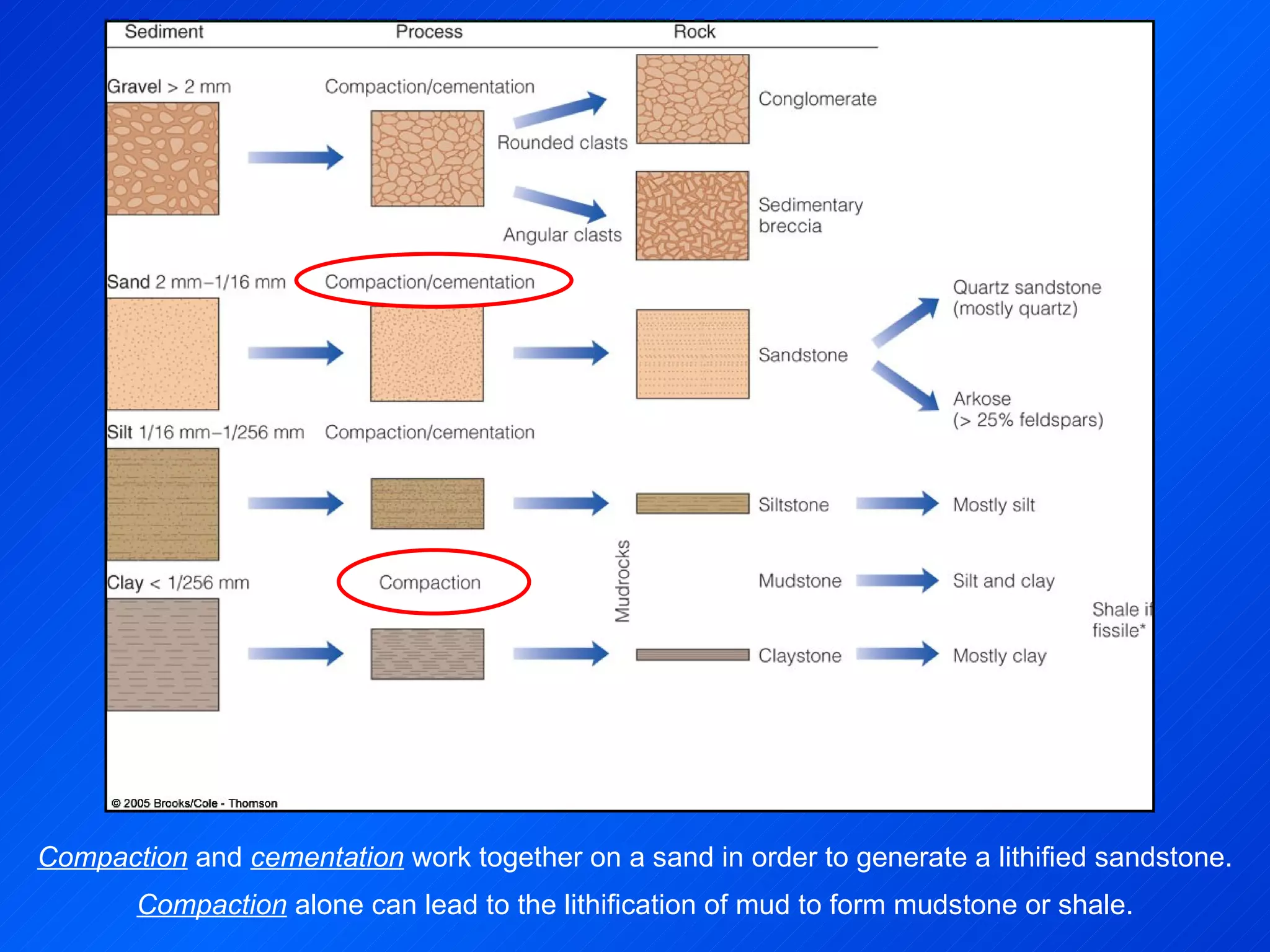 Compaction  and  cementation  work together on a sand in order to generate a lithified sandstone. Compaction  alone can lead to the lithification of mud to form mudstone or shale. 