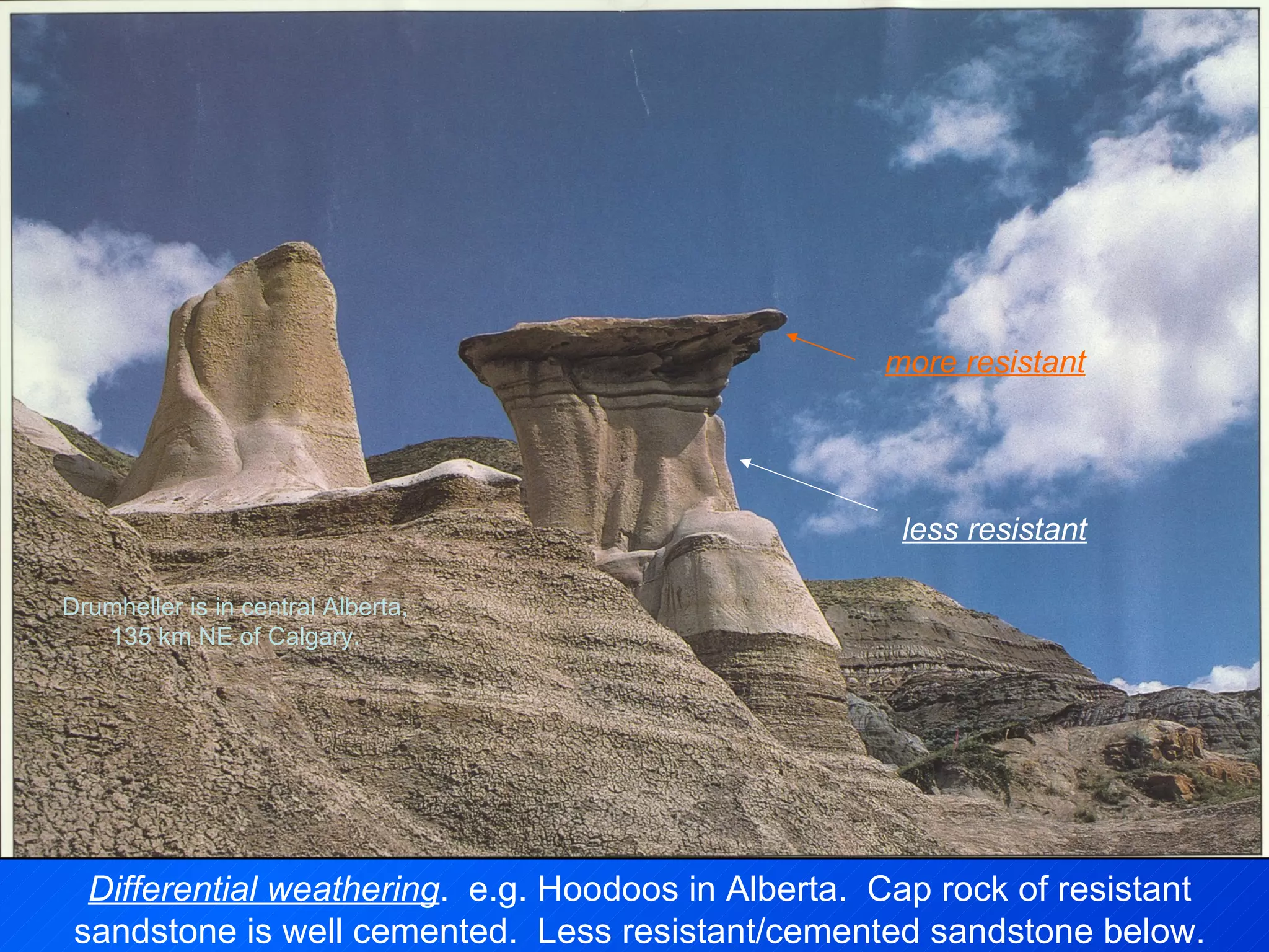 Drumheller is in central Alberta, 135 km NE of Calgary. more resistant less resistant Differential weathering .  e.g. Hoodoos in Alberta.  Cap rock of resistant sandstone is well cemented.  Less resistant/cemented sandstone below. 