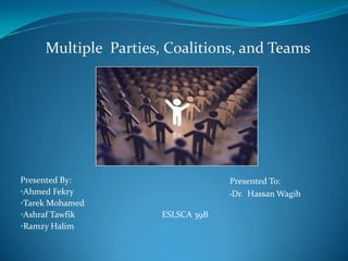 Multiple Parties, Coalitions, and Teams




Presented By:                      Presented To:
•Ahmed Fekry                       •Dr. Hassan Wagih
•Tarek Mohamed
•Ashraf Tawfik        ESLSCA 39B
•Ramzy Halim
 