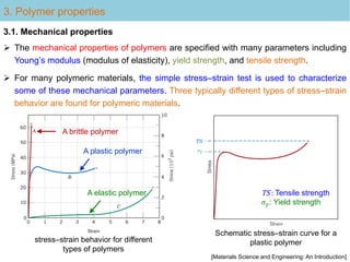 3. Polymer properties
3.1. Mechanical properties
 The mechanical properties of polymers are specified with many parameters including
Young’s modulus (modulus of elasticity), yield strength, and tensile strength.
 For many polymeric materials, the simple stress–strain test is used to characterize
some of these mechanical parameters. Three typically different types of stress–strain
behavior are found for polymeric materials.
A brittle polymer
A plastic polymer
A elastic polymer
[Materials Science and Engineering: An Introduction]
TS : Tensile strength
𝜎𝑦: Yield strength
Schematic stress–strain curve for a
plastic polymer
stress–strain behavior for different
types of polymers
 