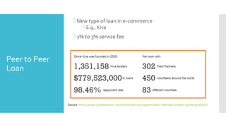 Peer to Peer
Loan
 New type of loan in e-commerce
 E.g., Kiva
 1% to 3% service fee
Source: https://www.guideadvisor.com/stories/seizing-opportunities-alleviate-poverty-guidesgiveback/
 