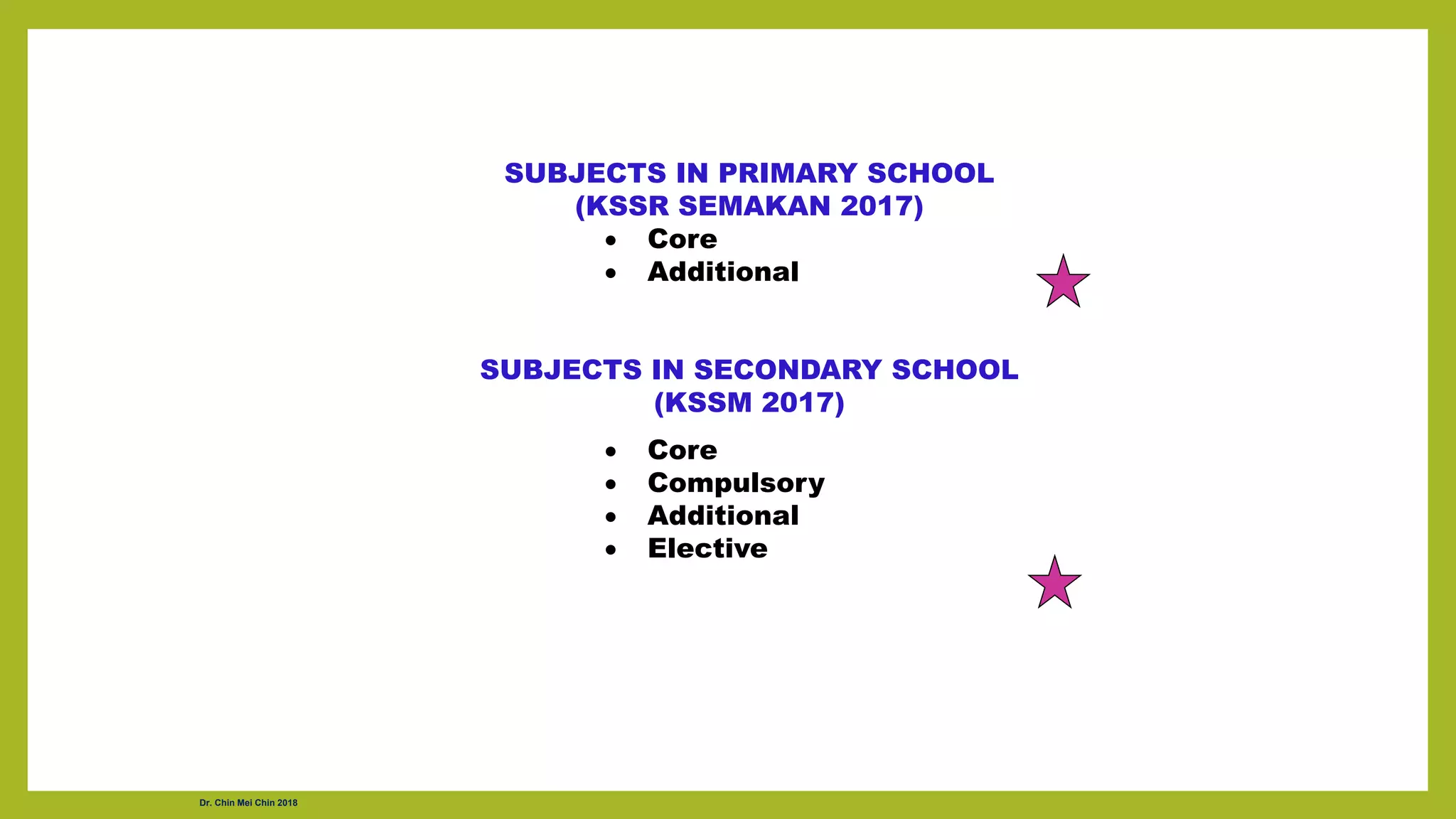 SUBJECTS IN PRIMARY SCHOOL
(KSSR SEMAKAN 2017)
• Core
• Additional
SUBJECTS IN SECONDARY SCHOOL
(KSSM 2017)
• Core
• Compulsory
• Additional
• Elective
Dr. Chin Mei Chin 2018
 