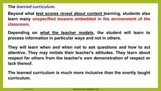 The learned curriculum.
Beyond what test scores reveal about content learning, students also
learn many unspecified lessons embedded in the environment of the
classroom.
Depending on what the teacher models, the student will learn to
process information in particular ways and not in others.
They will learn when and when not to ask questions and how to act
attentive. They may imitate their teacher's attitudes. They learn about
respect for others from the teacher's own demonstration of respect or
lack thereof.
The learned curriculum is much more inclusive than the overtly taught
curriculum.
http://curriculum.lexington4.net/
Dr. Chin Mei Chin 2018
 
