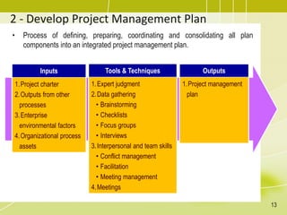 2 - Develop Project Management Plan
• Process of defining, preparing, coordinating and consolidating all plan
components into an integrated project management plan.
Inputs
1.Project charter
2.Outputs from other
processes
3.Enterprise
environmental factors
4.Organizational process
assets
Tools & Techniques
1.Expert judgment
2.Data gathering
• Brainstorming
• Checklists
• Focus groups
• Interviews
3.Interpersonal and team skills
• Conflict management
• Facilitation
• Meeting management
4.Meetings
Outputs
1.Project management
plan
13
 